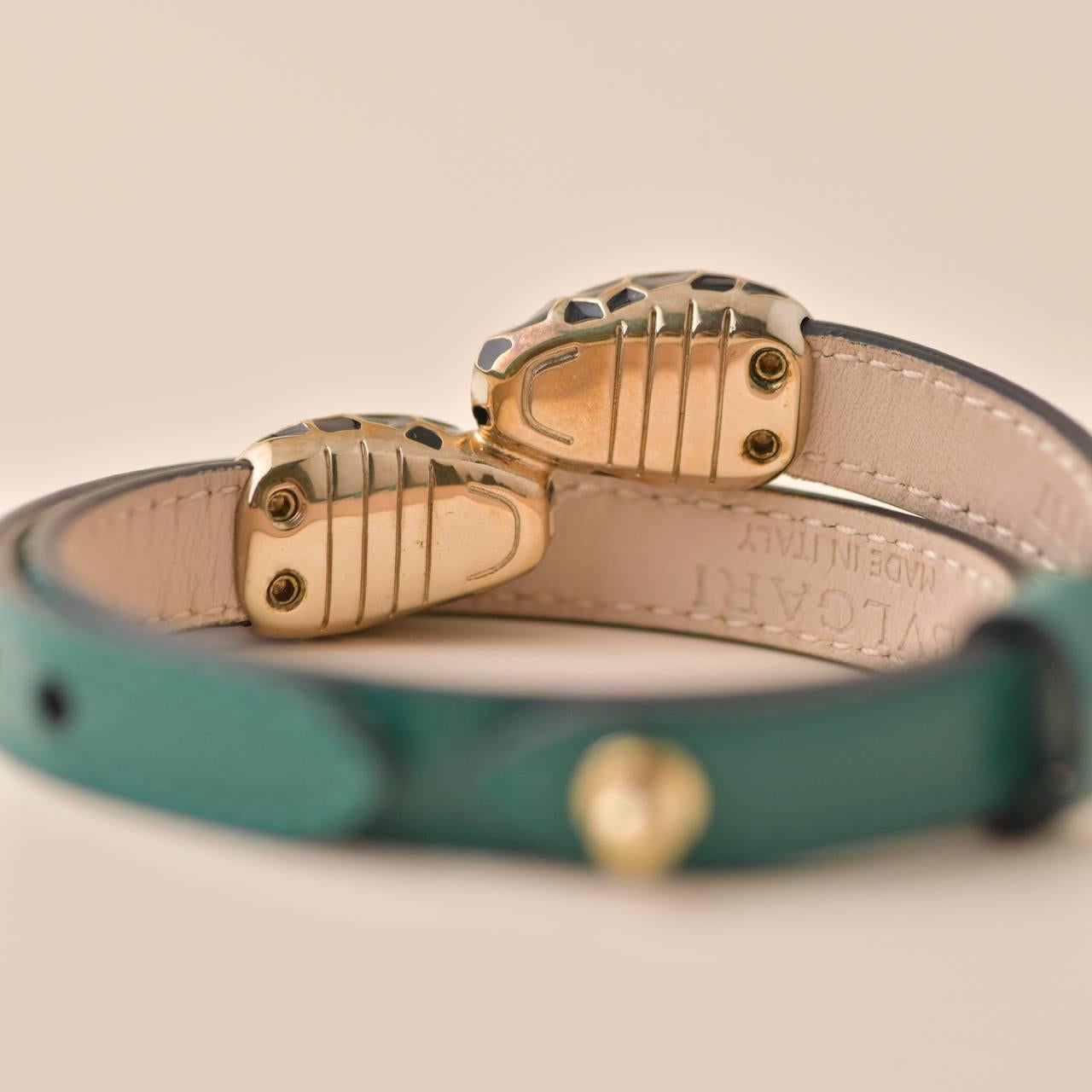 Bvlgari Serpenti Forever Enamel Green Leather Bracelet Size M 3