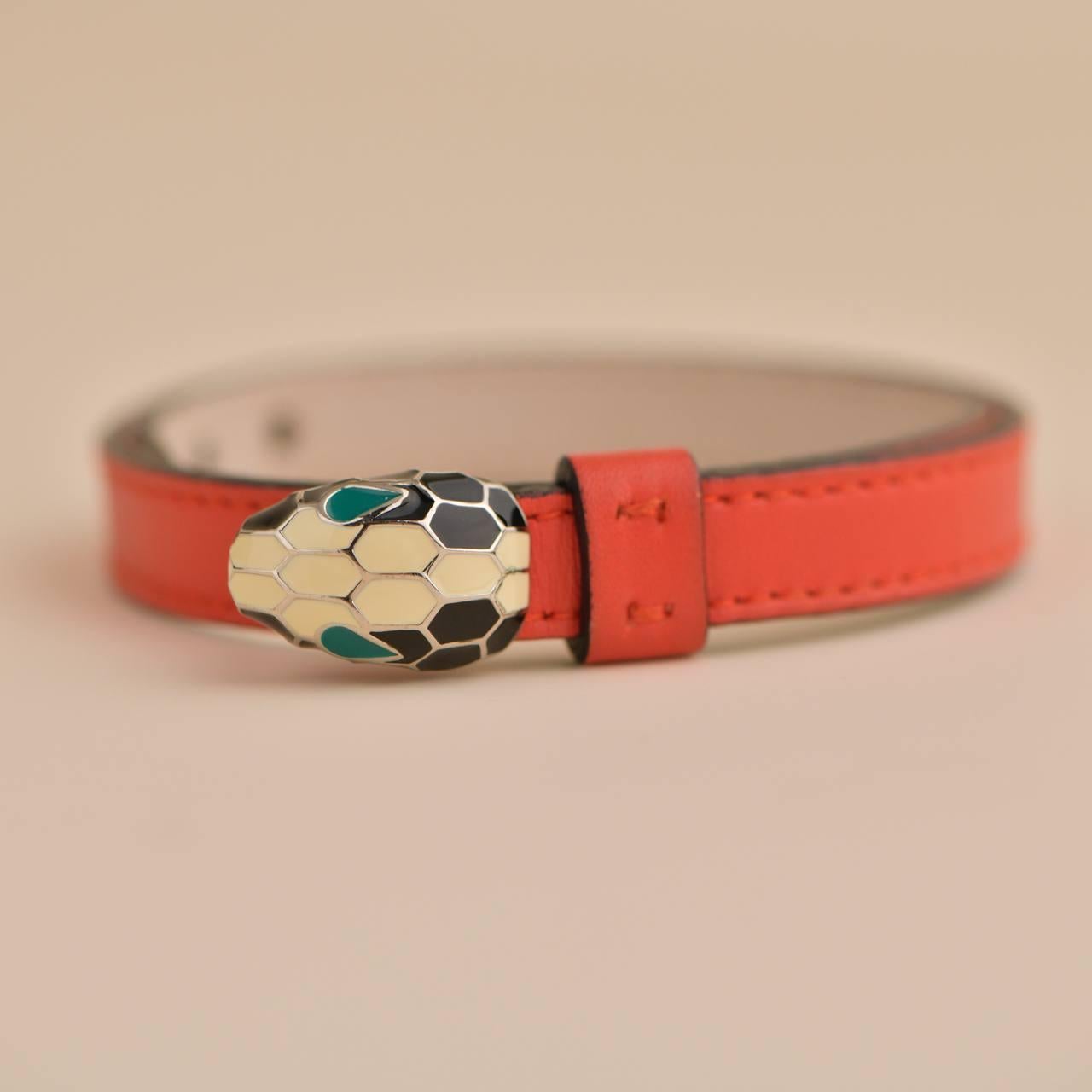 Bvlgari Serpenti Forever Enamel Orange Leather Bracelet Size S In Excellent Condition For Sale In Banbury, GB