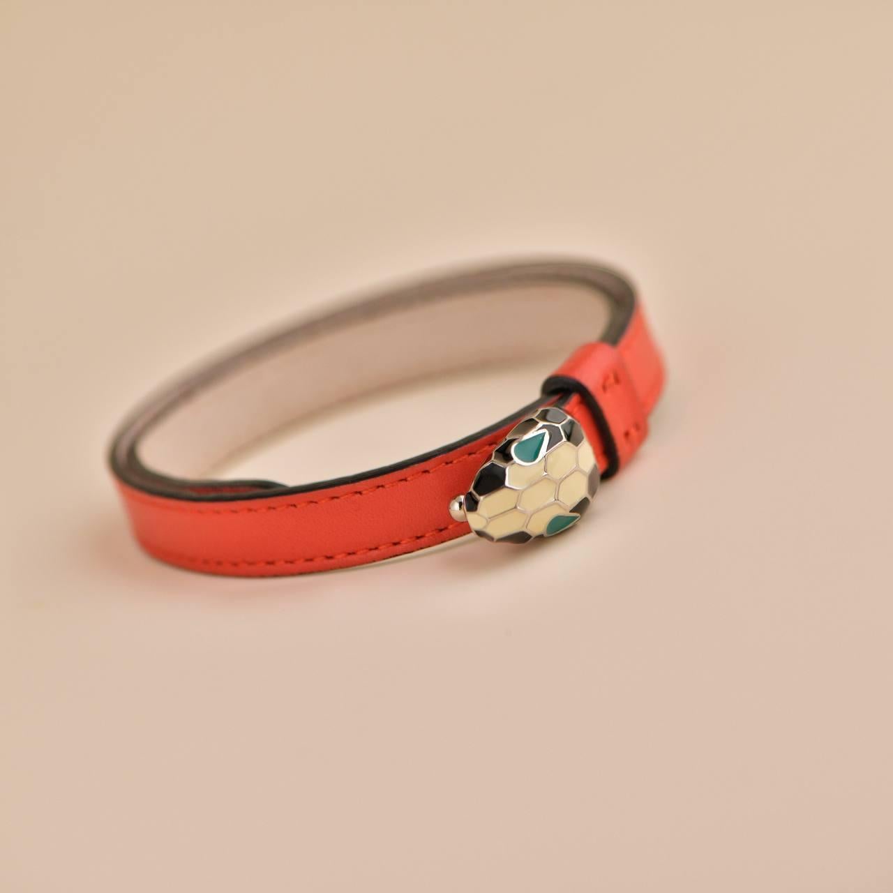 Women's or Men's Bvlgari Serpenti Forever Enamel Orange Leather Bracelet Size S For Sale