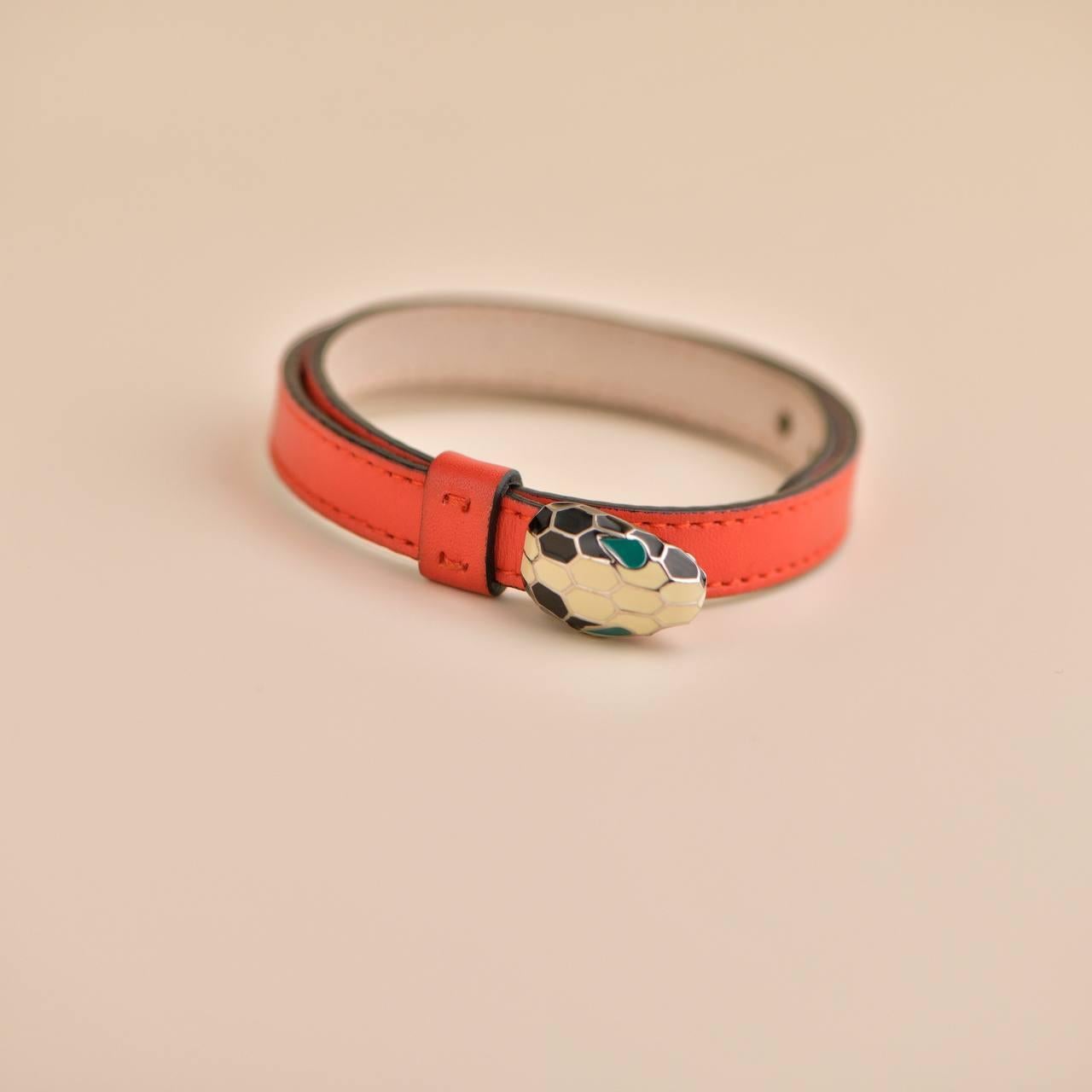 Bvlgari Serpenti Forever Enamel Orange Leather Bracelet Size S For Sale 1