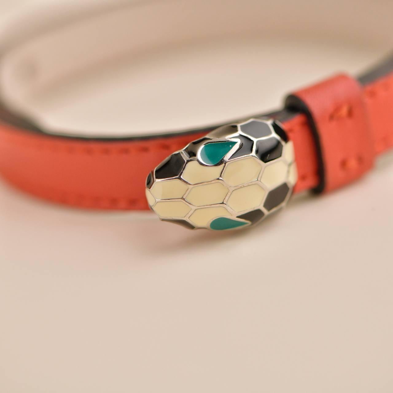 Bvlgari Serpenti Forever Enamel Orange Leather Bracelet Size S For Sale 2