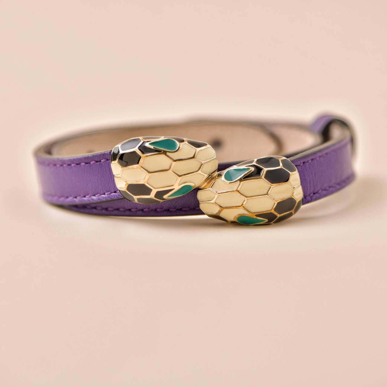Bvlgari Serpenti Forever Enamel Purple Leather Bracelet Size M In Excellent Condition In Banbury, GB