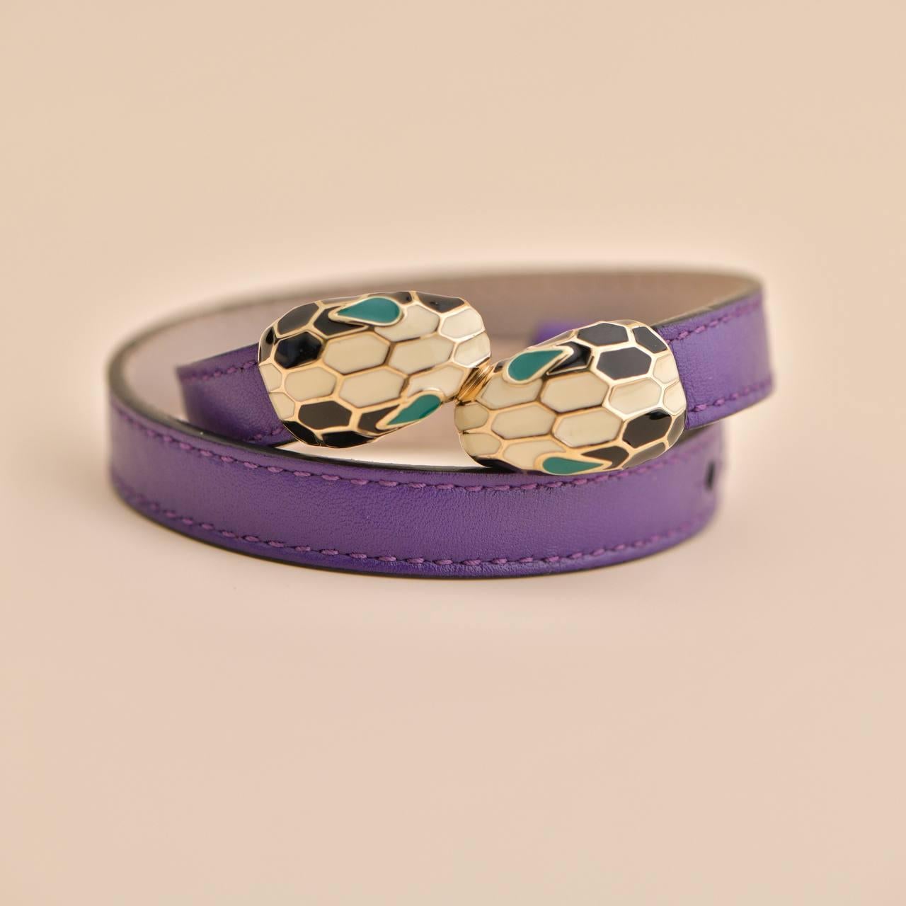 Brilliant Cut Bvlgari Serpenti Forever Enamel Purple Leather Bracelet Size S
