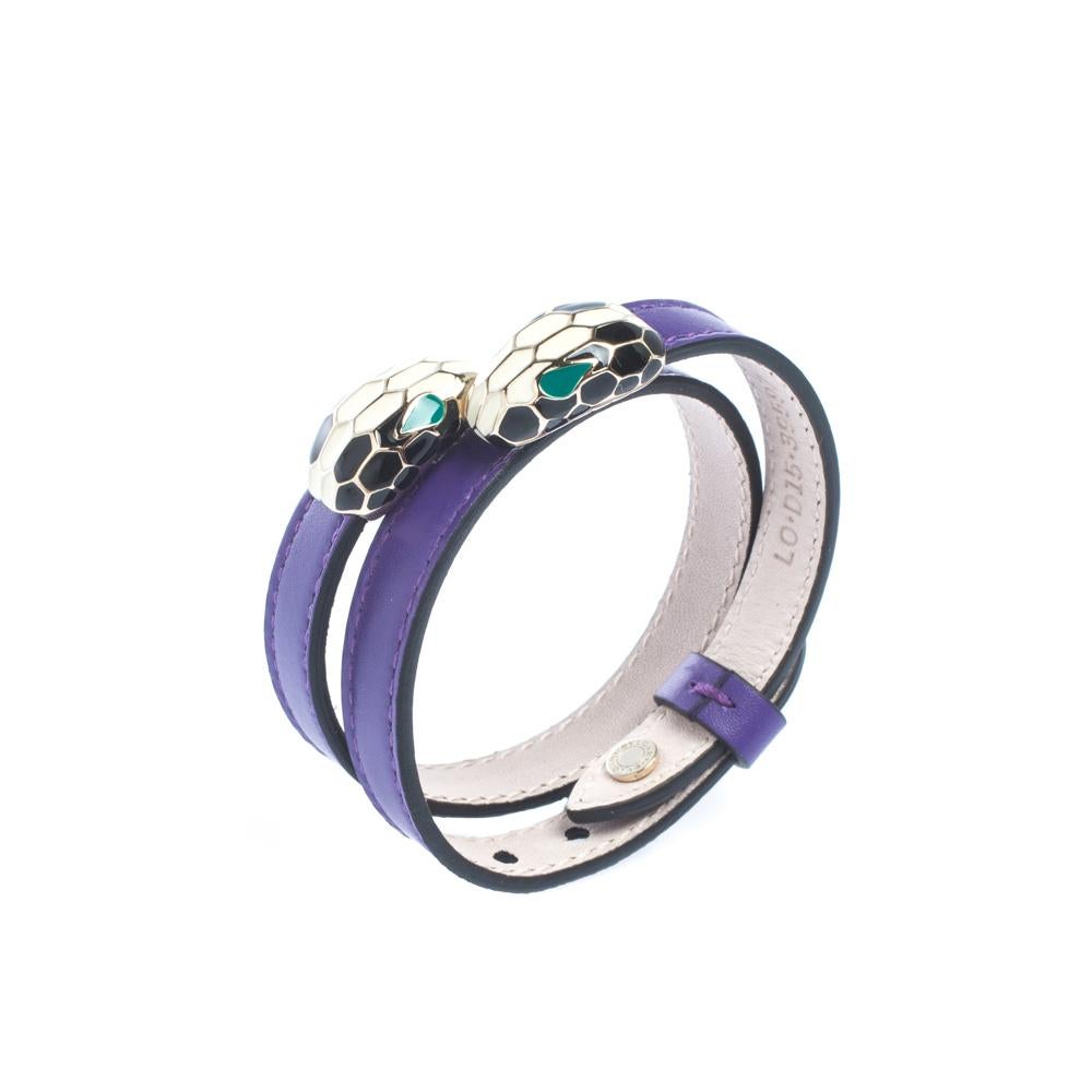 Jewelry has the power to enhance any outfit. This beautifully designed purple double wrap bracelet by Bvlgari is so pretty, you'll love having it around your wrist. The bracelet features a long leather strap and has been adorned with the brand's