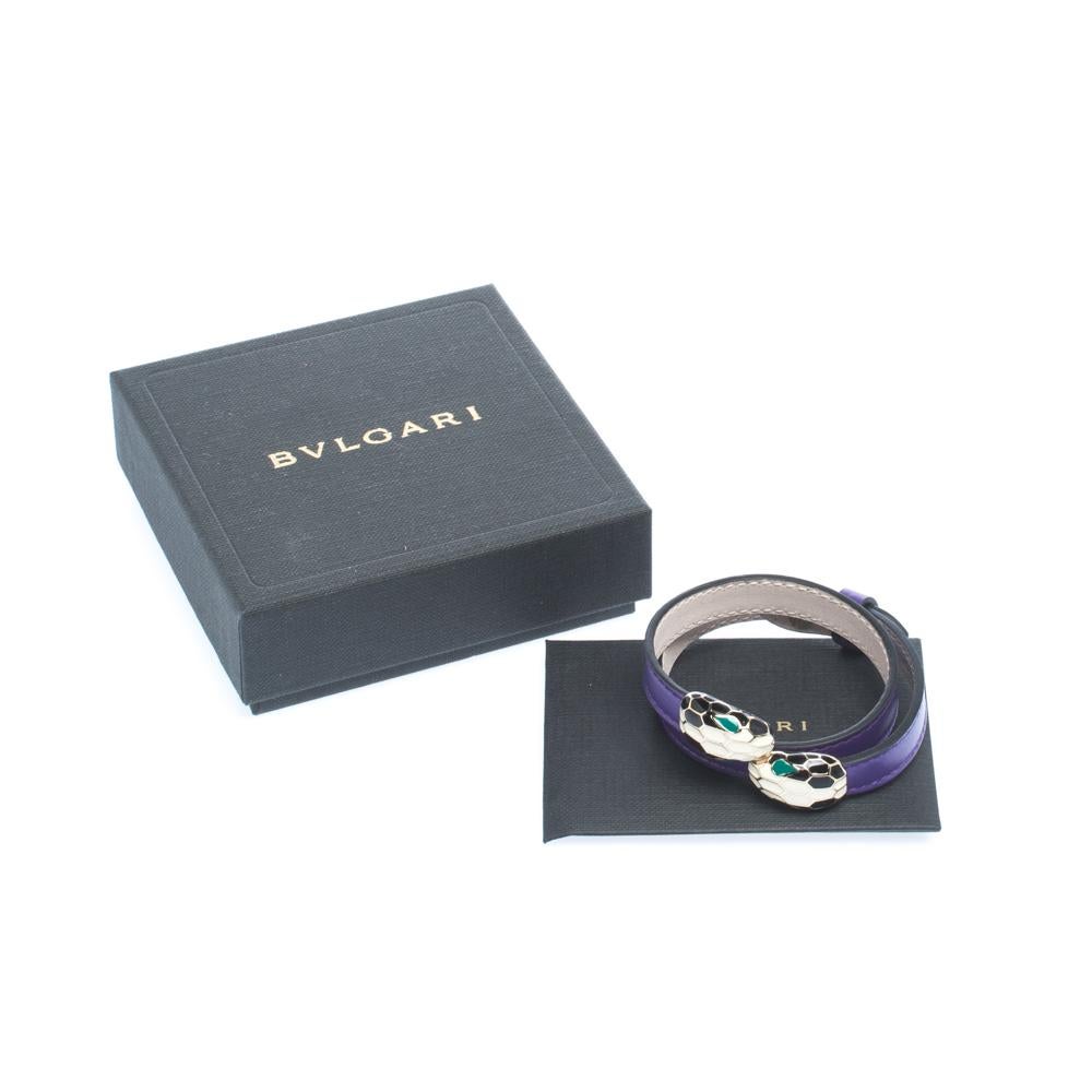 Contemporary Bvlgari Serpenti Forever Enamel Purple Leather Gold Plated Double Wrap Bracelet