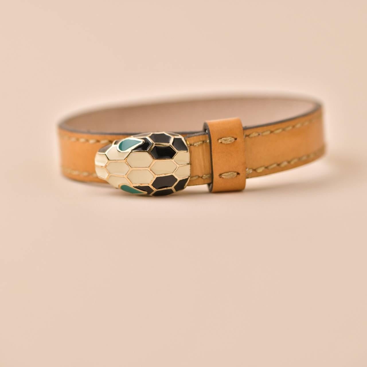 Bvlgari Serpenti Forever Enamel Tan Leather Bracelet Size S In Excellent Condition For Sale In Banbury, GB