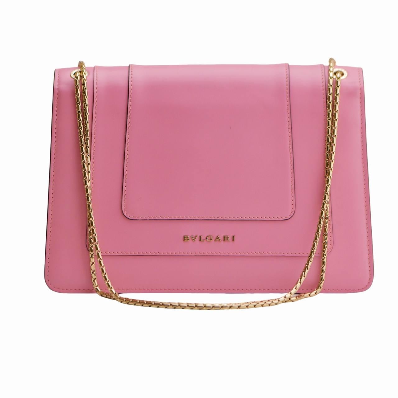 Pink Bvlgari Serpenti Forever Flamingo Leather Chain Medium Shoulder Bag