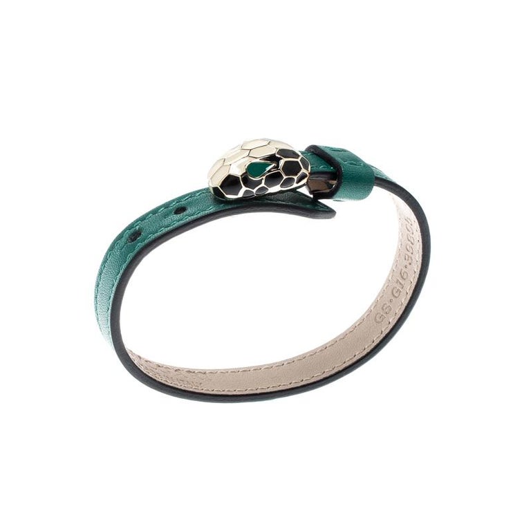Bvlgari Serpenti Forever Green Enamel Gold Plated Leather Bracelet For