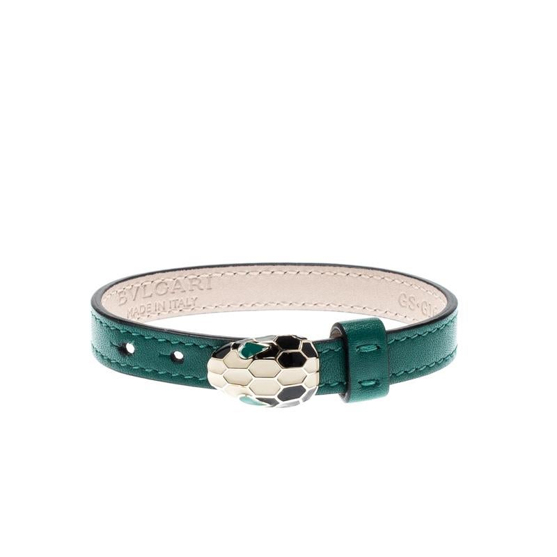 Contemporary Bvlgari Serpenti Forever Green Enamel Gold Plated Leather Bracelet For Sale