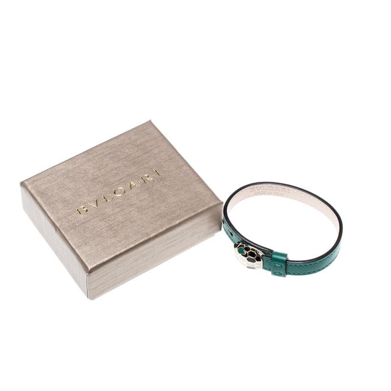 Bvlgari Serpenti Forever Green Enamel Gold Plated Leather Bracelet In Excellent Condition For Sale In Dubai, Al Qouz 2
