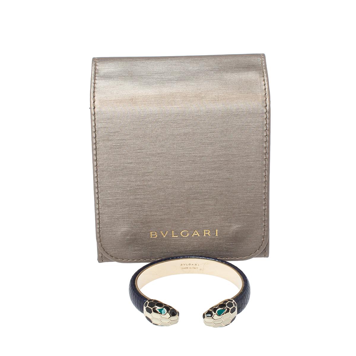 Bvlgari Serpenti Forever Navy Blue Karung Leather Open Cuff Bracelet In Excellent Condition In Dubai, Al Qouz 2