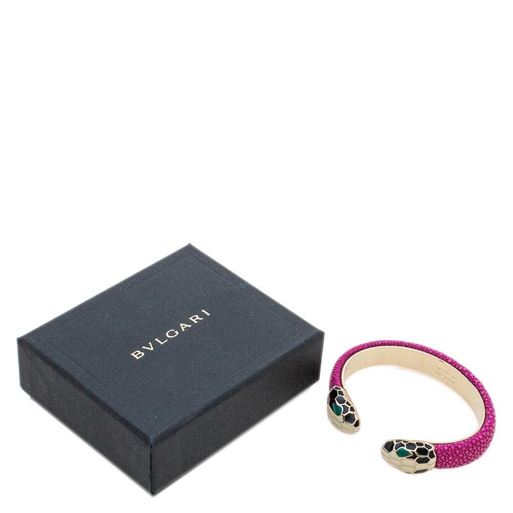Bvlgari Serpenti Forever Pink Galuchat Leather Open Cuff Bracelet 15 cm In Excellent Condition In Dubai, Al Qouz 2