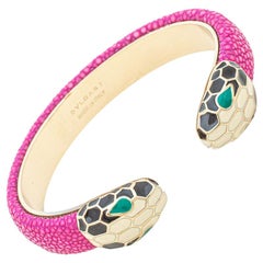 Bvlgari Serpenti Forever Pink Galuchat Leather Open Cuff Bracelet 15 cm