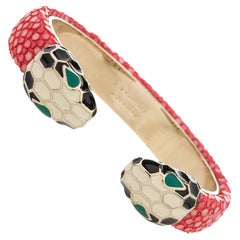 Bvlgari Serpenti Forever Pink Galuchat Leather Open Cuff Bracelet
