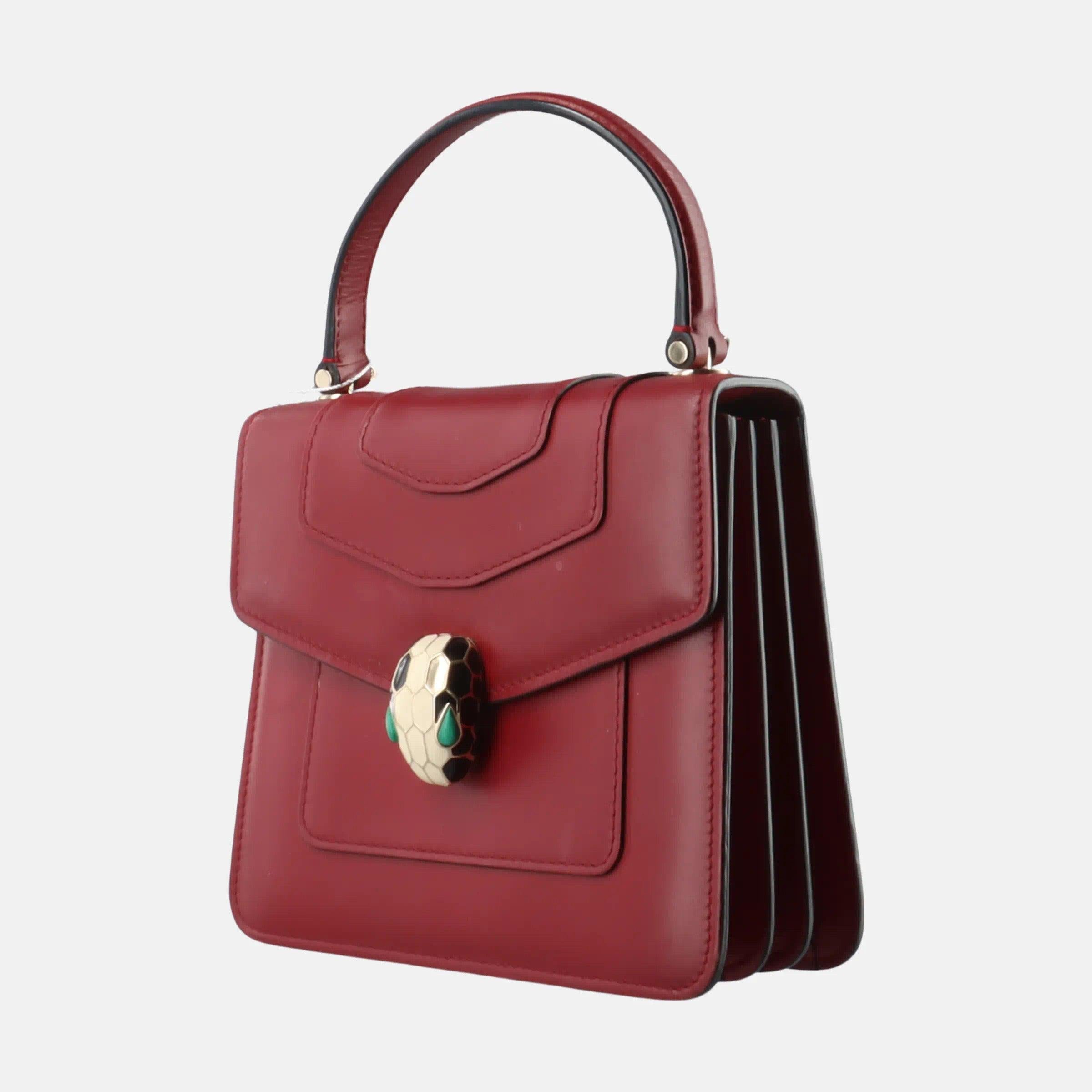 Red Bvlgari Serpenti Forever Small Leather Top Handle Crossbody Bag Burgundy