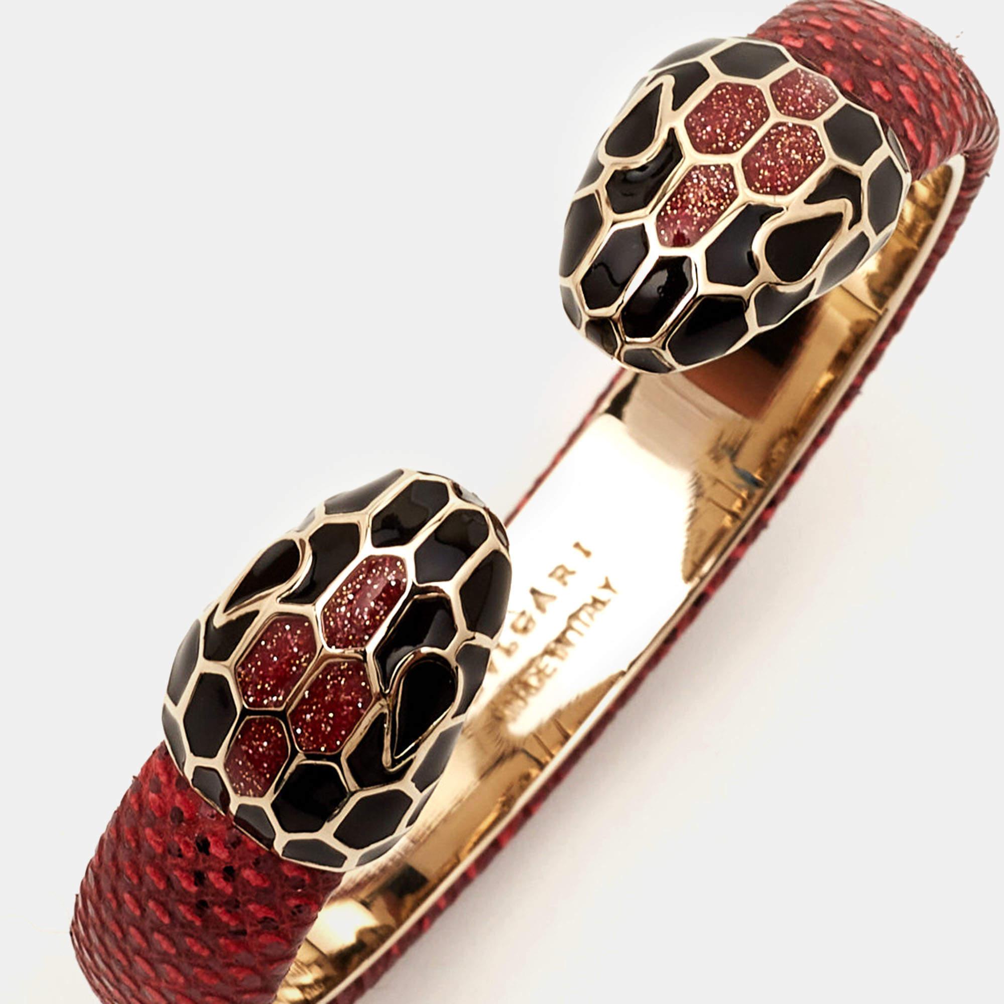 Bvlgari Serpenti Forever Snakeskin Leather Enamel Gold Tone Bracelet In Excellent Condition In Dubai, Al Qouz 2