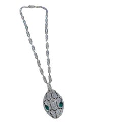 Bvlgari Serpenti High Jewelry Diamond and Emerald 18K White Gold Pendant Necklac