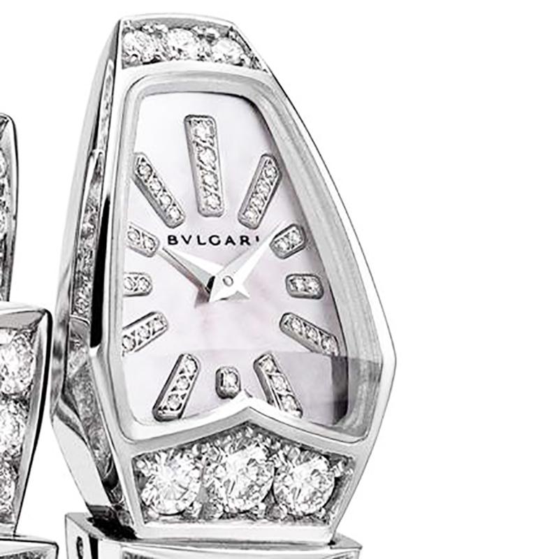26 mm 18-ct white gold case with 6 diamonds 0.45 carats, 8.25 mm thick, sapphire crystal, mother of pearl dial set with 33 diamonds 0.06 carats, quartz movement, 18-ct white gold bracelet with double twirl and flexible Scaglie style, each link on