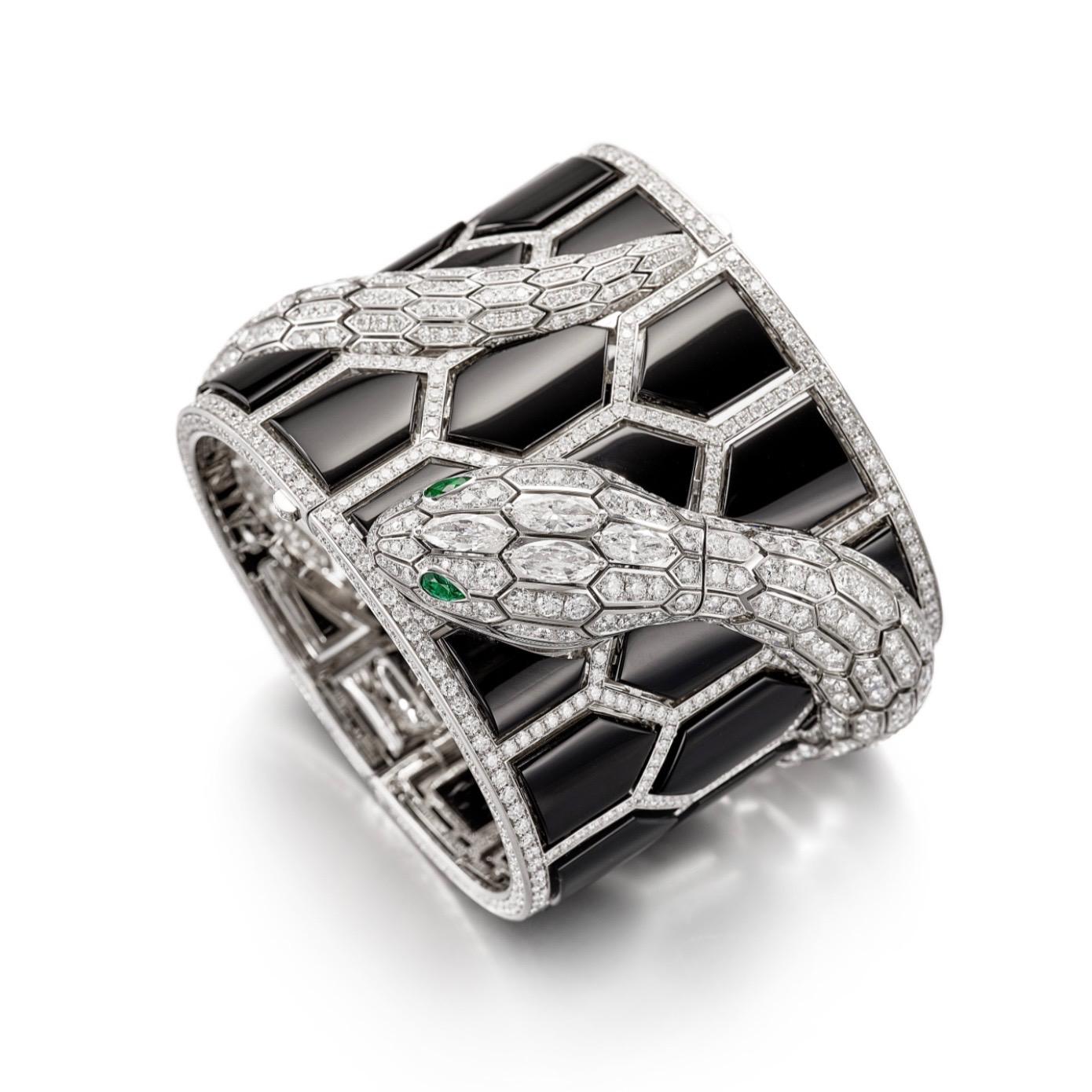 Bvlgari 'Serpenti Misteriosi Secret' Diamond, Onyx and Emerald Cuff-Watch, with 40.37 carats total weight of diamonds
All diamonds are E-G Color and VVS-VS Clarity. Quartz movement. Signed Bvlgari, Numbered xxxxx, Reference Code: xxxxx, Serial No.