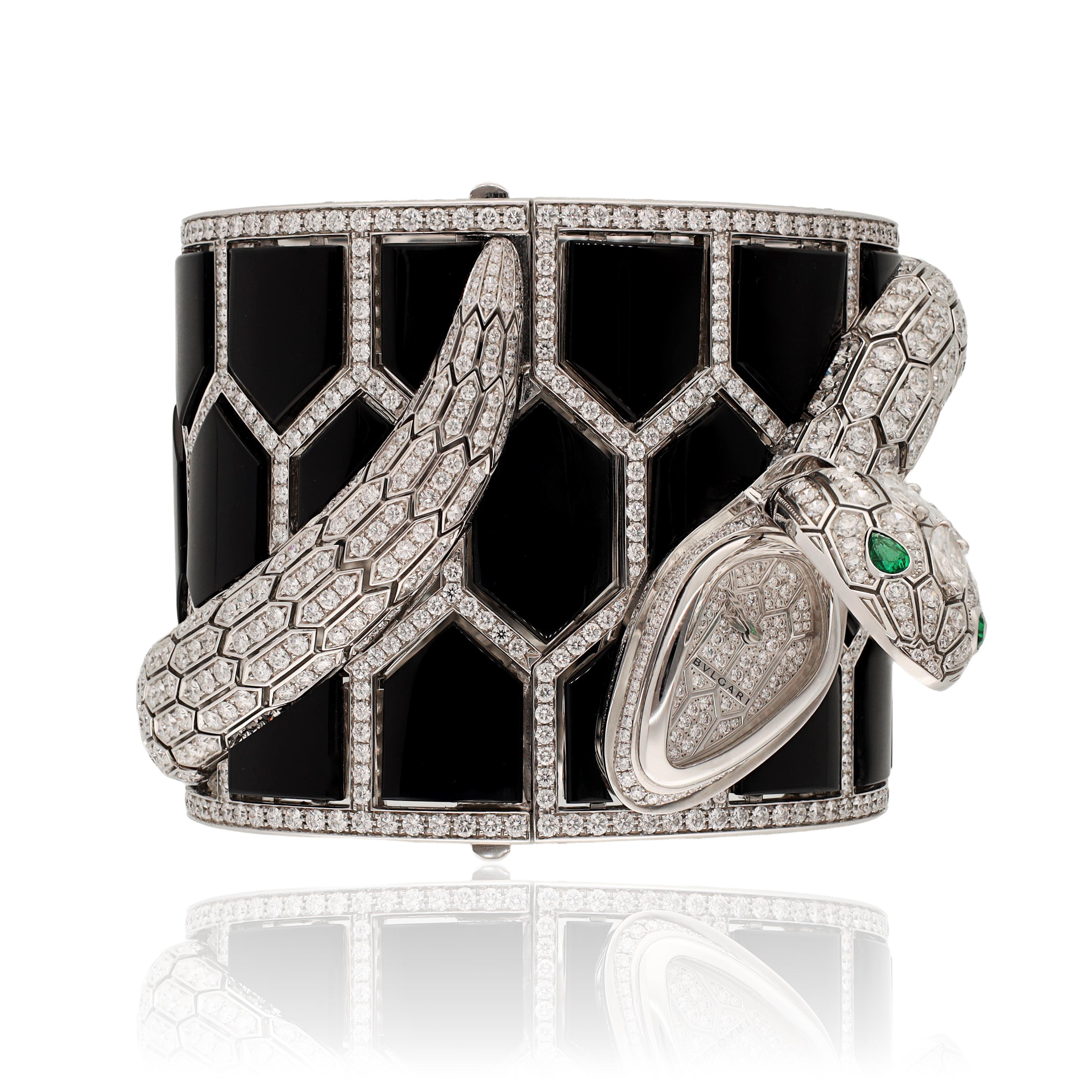 BVLGARI Serpenti Misteriosi Secret Diamond, Onyx and Emerald Cuff-Watch In Excellent Condition For Sale In New York, NY