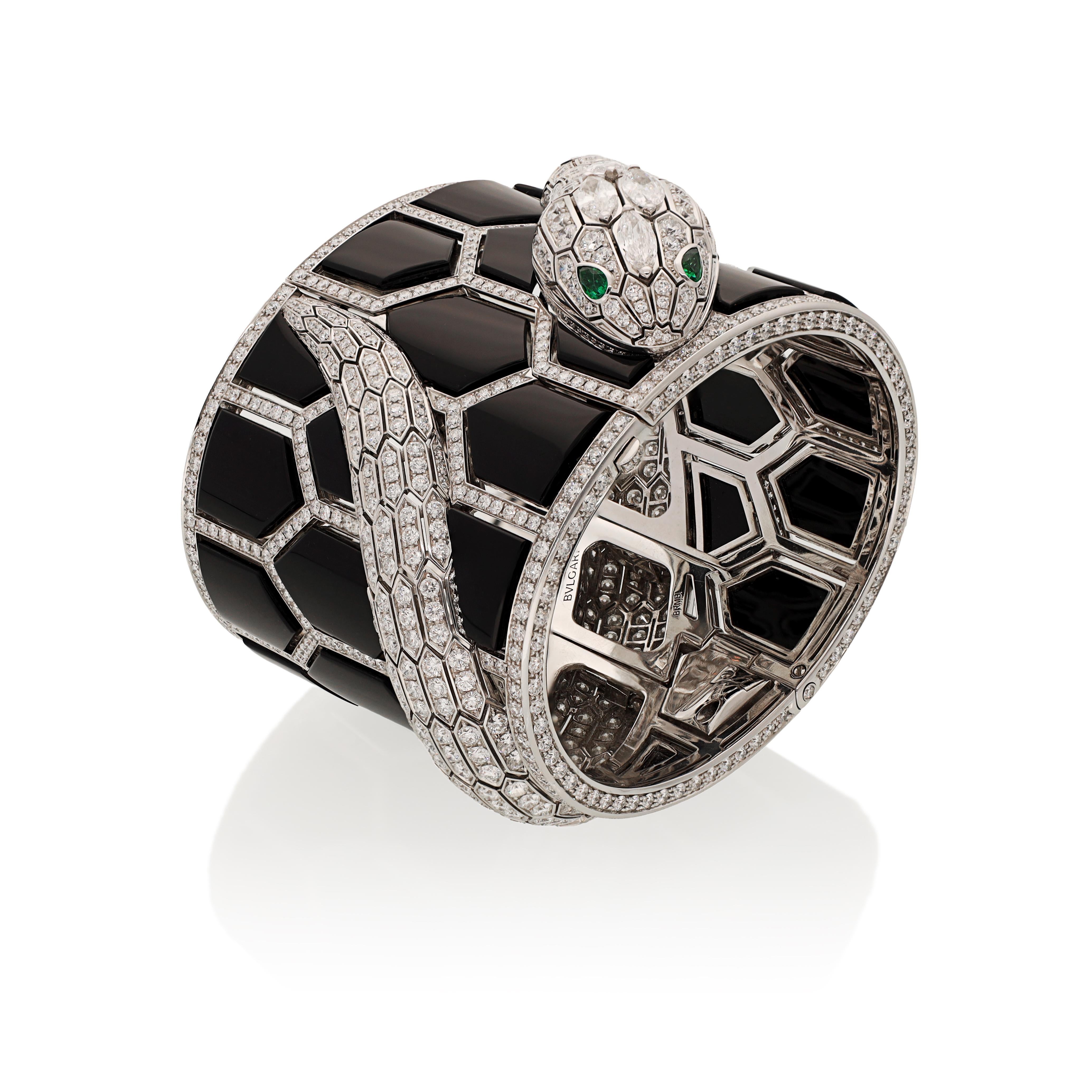 Women's or Men's BVLGARI Serpenti Misteriosi Secret Diamond, Onyx and Emerald Cuff-Watch For Sale
