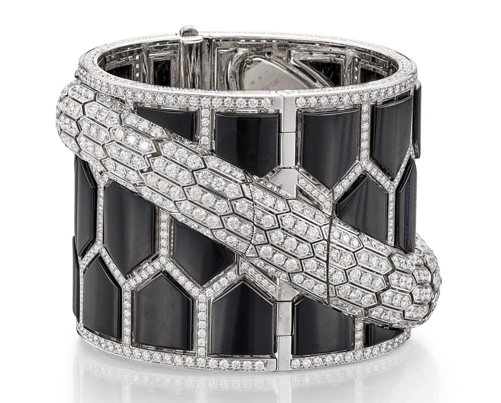 Artist Bvlgari 'Serpenti Misteriosi Secret' Diamond, Onyx and Emerald Cuff-Watch For Sale