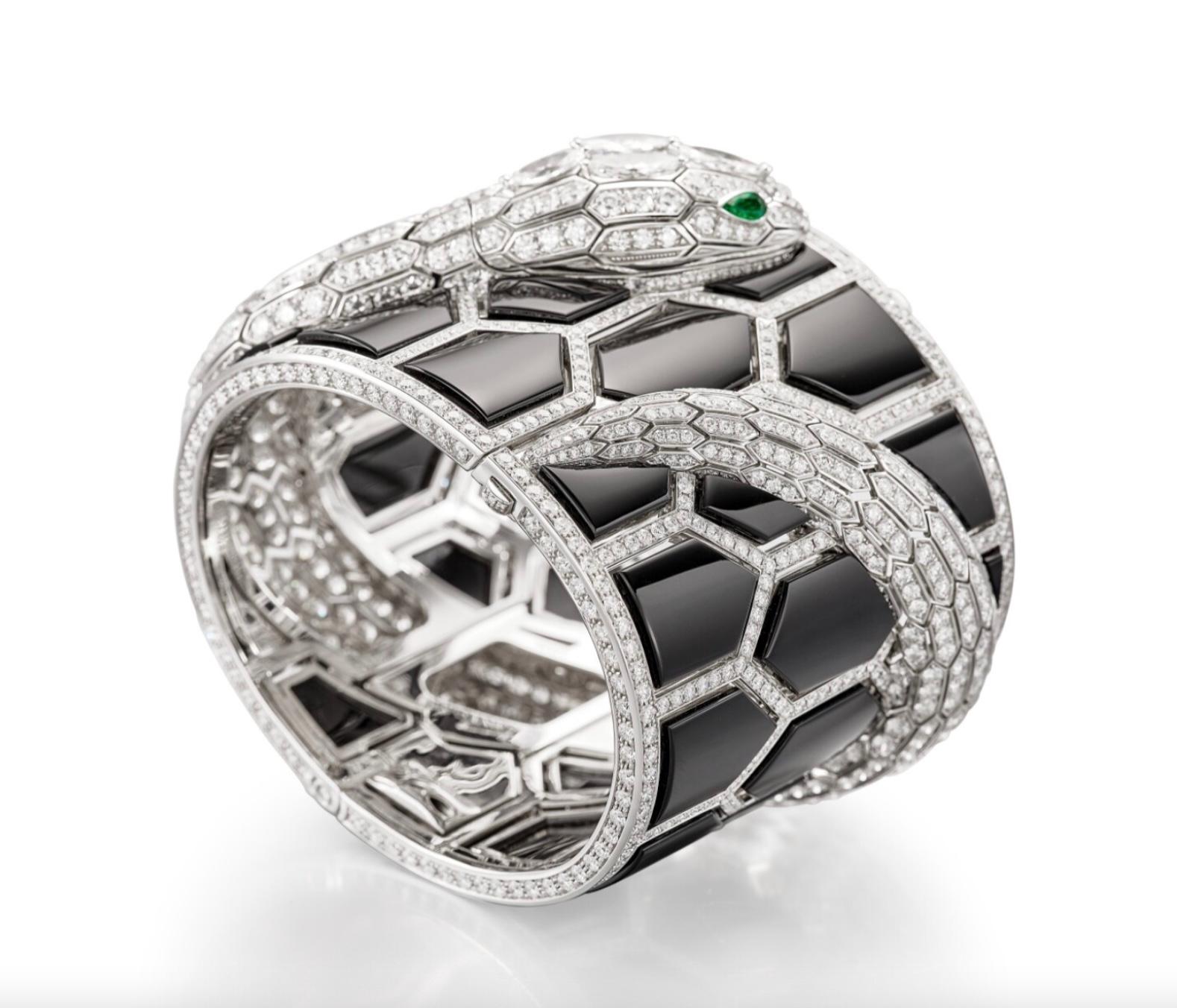 Pear Cut Bvlgari 'Serpenti Misteriosi Secret' Diamond, Onyx and Emerald Cuff-Watch For Sale