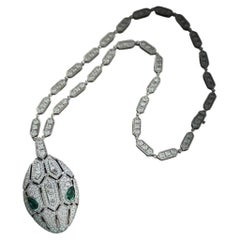 Bvlgari Serpenti Necklace Wide Version, 18K White Gold Diamond Emerald