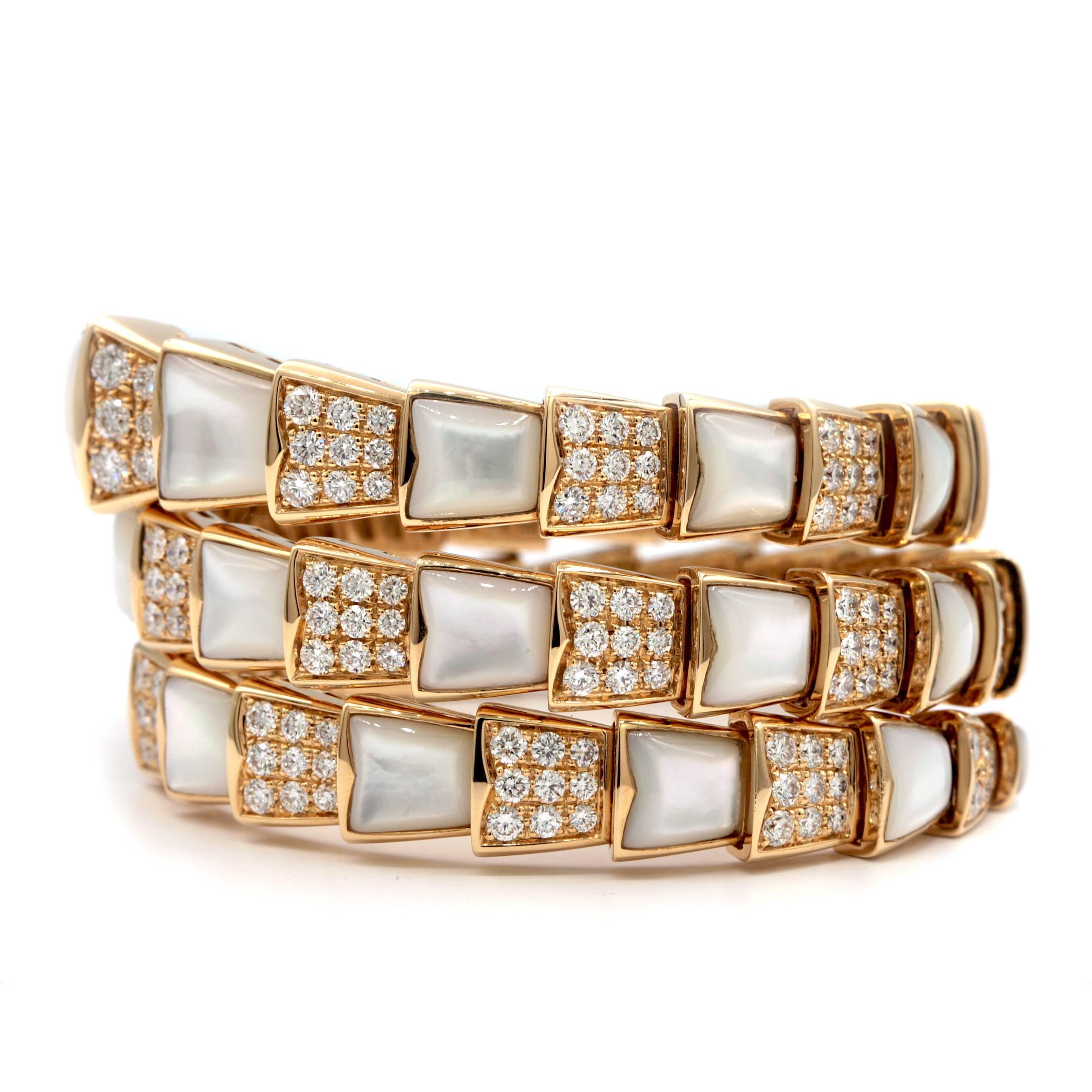 Modern Bvlgari Serpenti one-coil 18K with Pave Diamonds and Mother of Pearl Bracelet