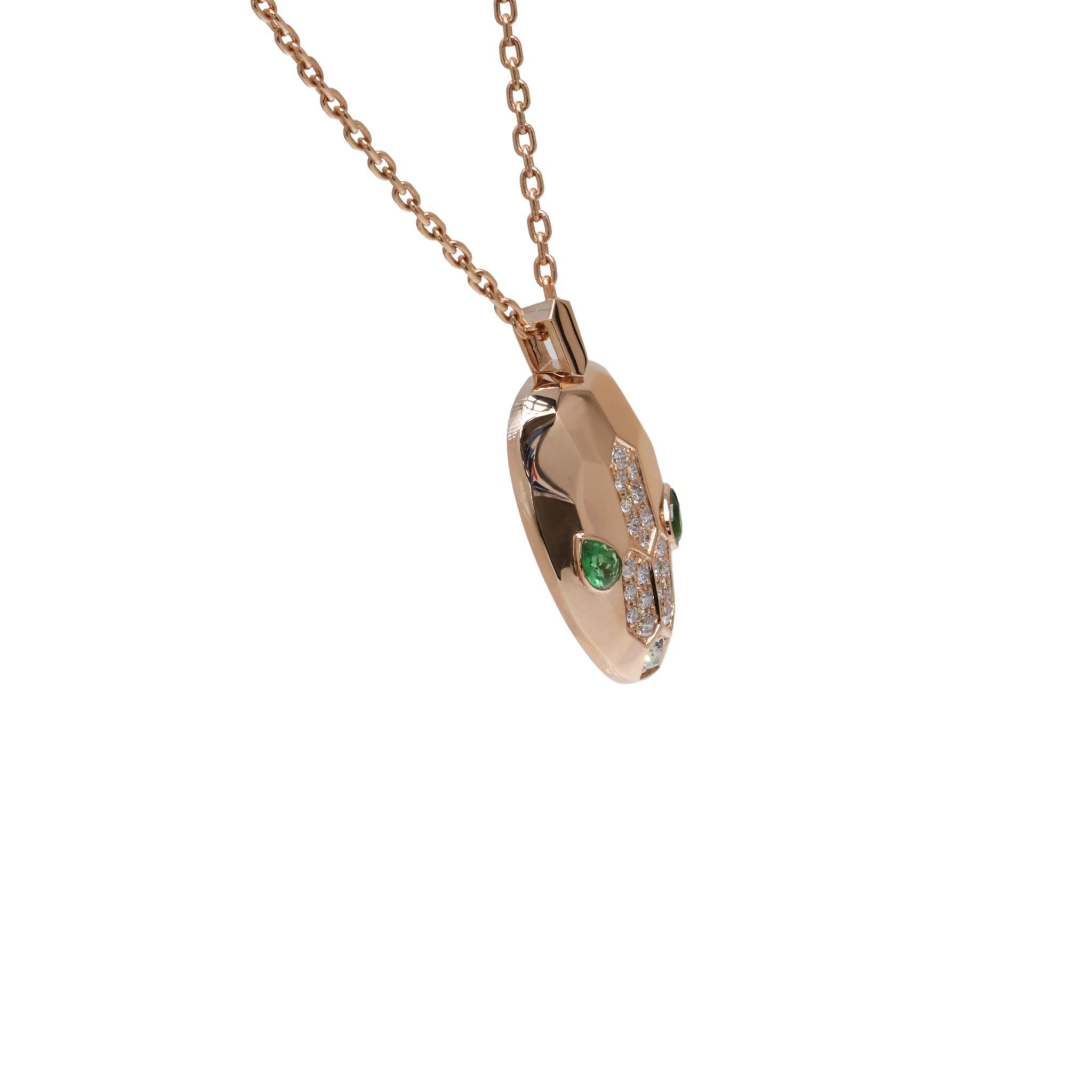 Bvlgari Serpenti Pendant Necklace in 18k Rose Gold with Emerald Eyes

A true icon of the Bvlgari brand, the Serpenti pendant necklace is a true statement piece that embodies luxury and sophistication, with a timeless design. Crafted with precision,