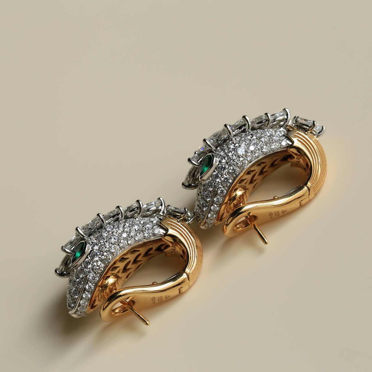 Marquise Cut Bvlgari Serpenti Platinum 18k Yellow Gold Diamond Emerald Earrings For Sale