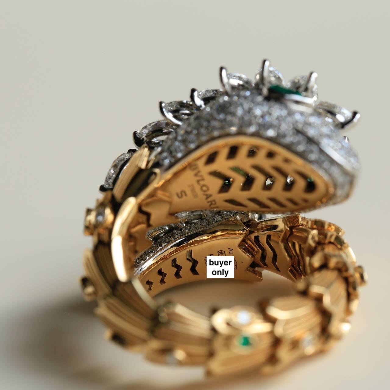 Women's or Men's Bvlgari Serpenti Platinum 18k Yellow Gold Diamond Emerald Ring