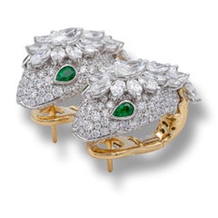Bvlgari Serpenti Platinum and 18K Yellow Gold Diamond Earrings with Emerald Eyes