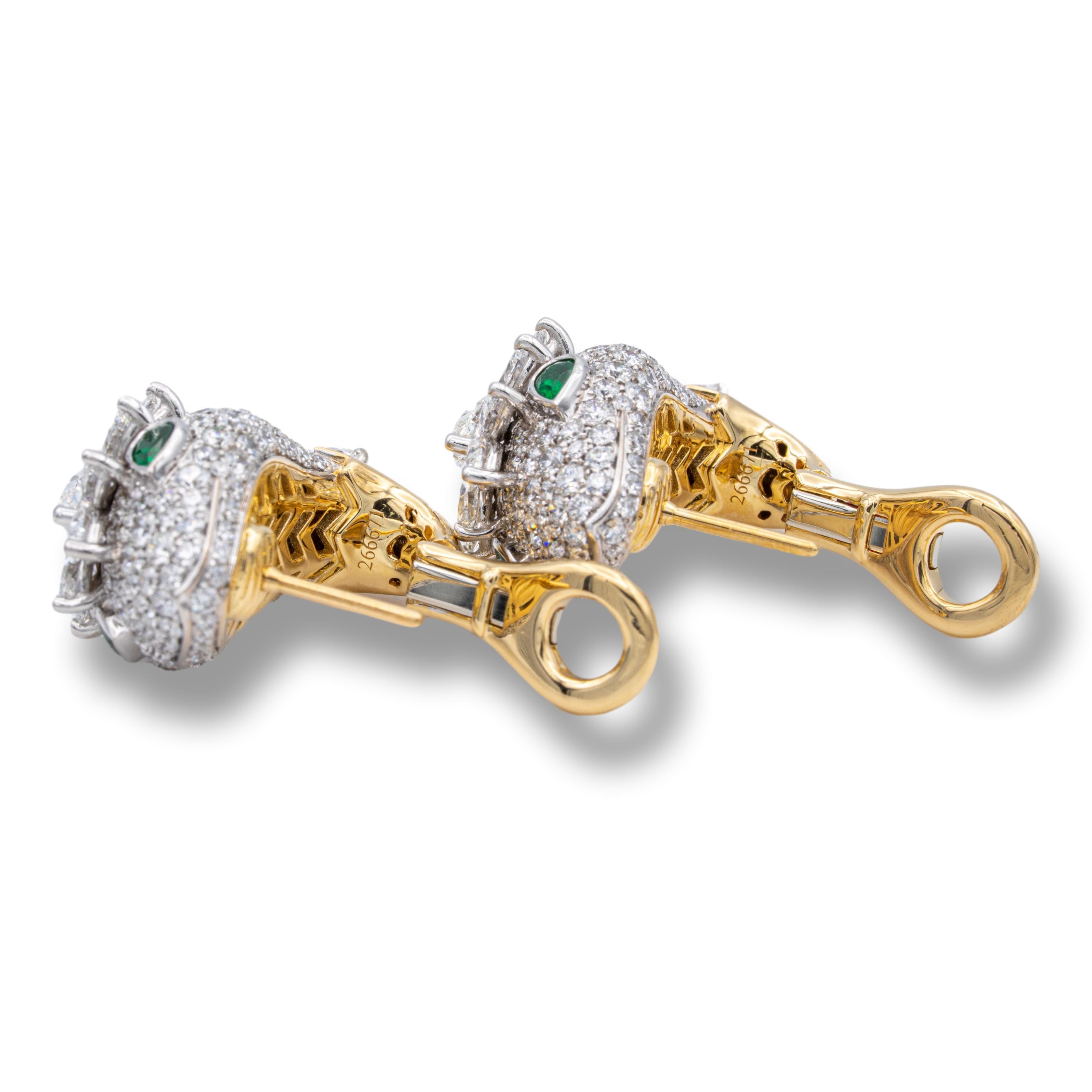 Modernist Bvlgari Serpenti Platinum and 18K Yellow Gold Diamond Earrings with Emerald Eyes