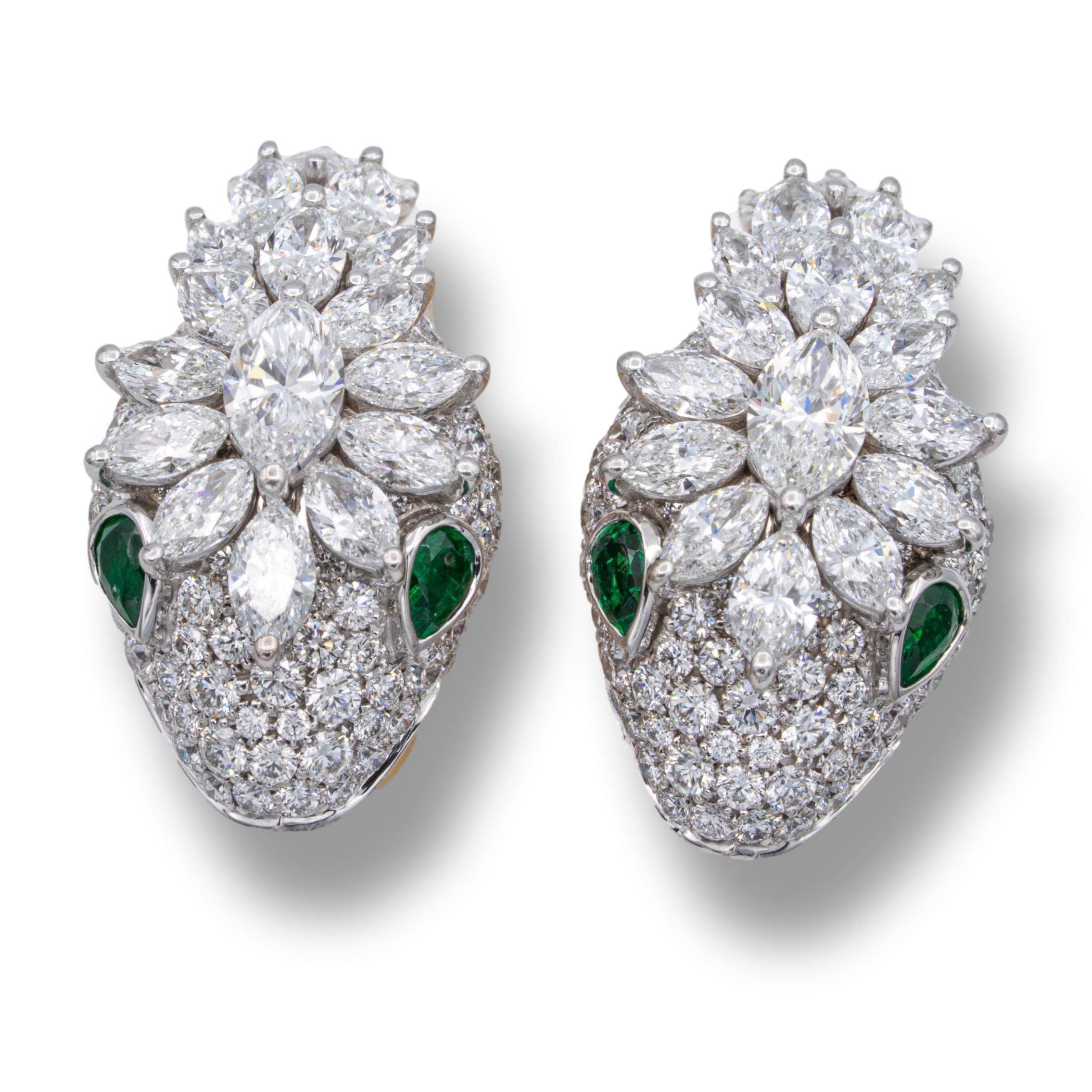 Marquise Cut Bvlgari Serpenti Platinum and 18K Yellow Gold Diamond Earrings with Emerald Eyes