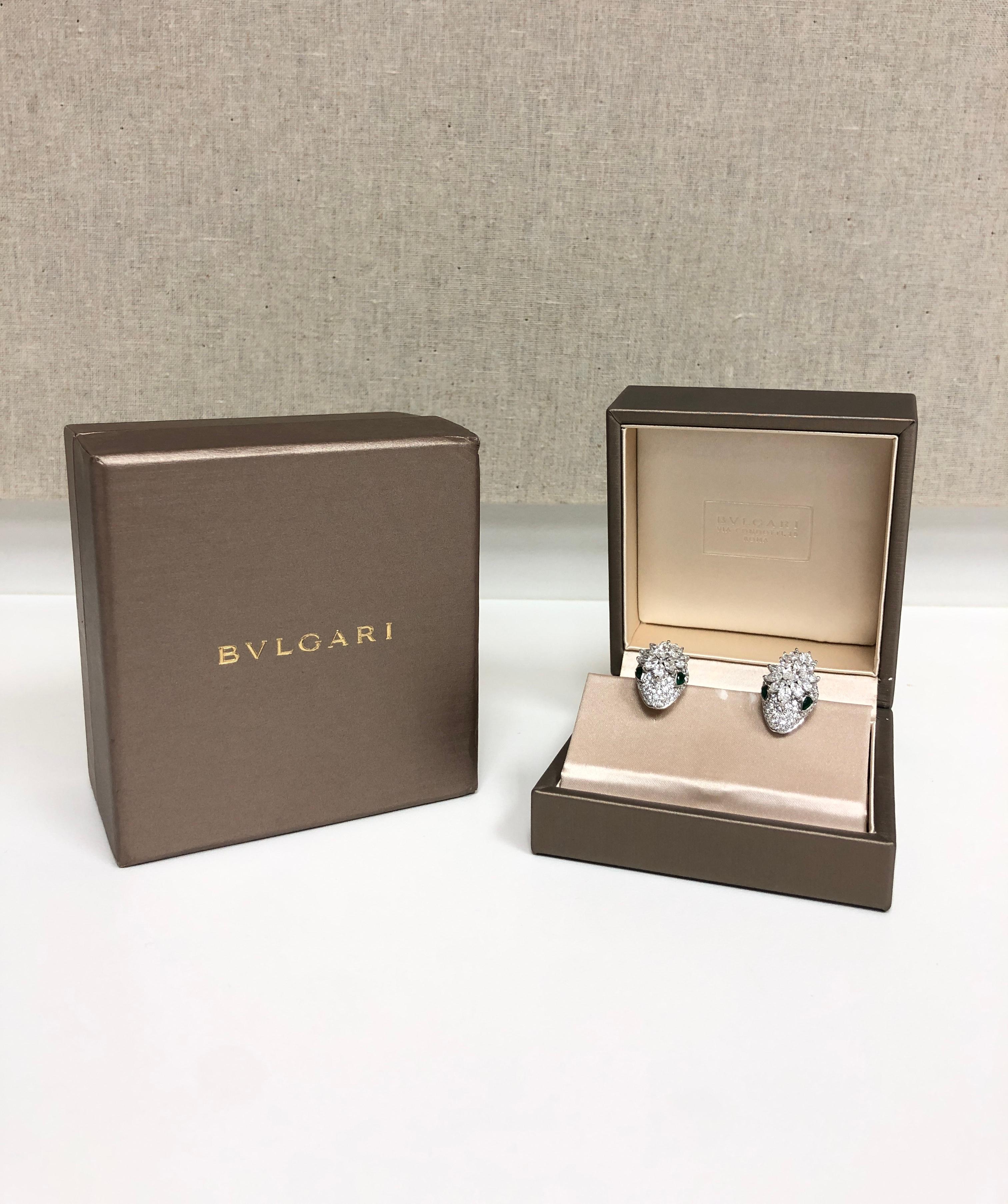 Women's Bvlgari Serpenti Platinum and 18K Yellow Gold Diamond Earrings with Emerald Eyes