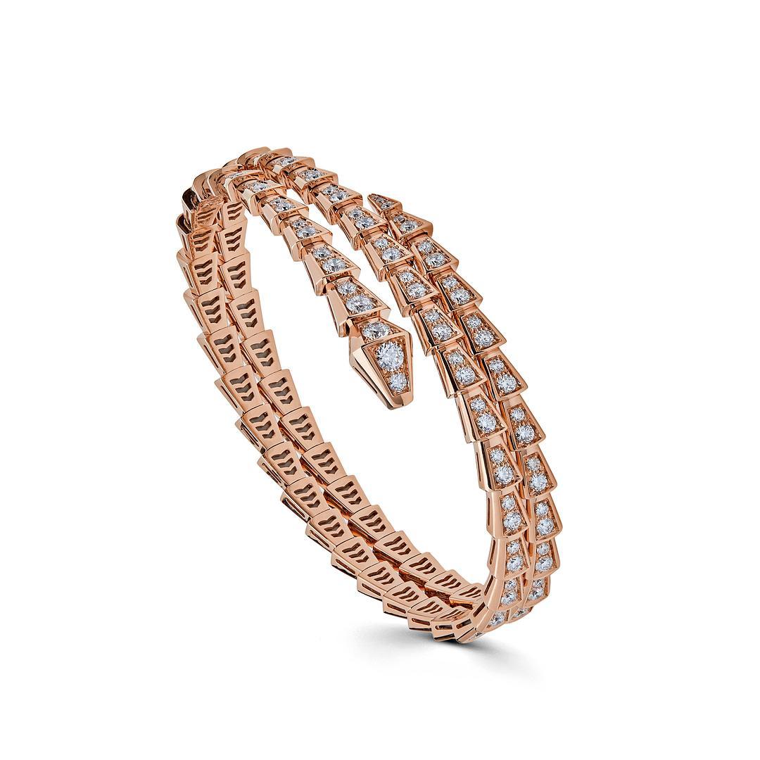 Round Cut Bvlgari Serpenti RG Two-coil Rose Gold Full Pavé  Diamond Bracelet 357270 For Sale