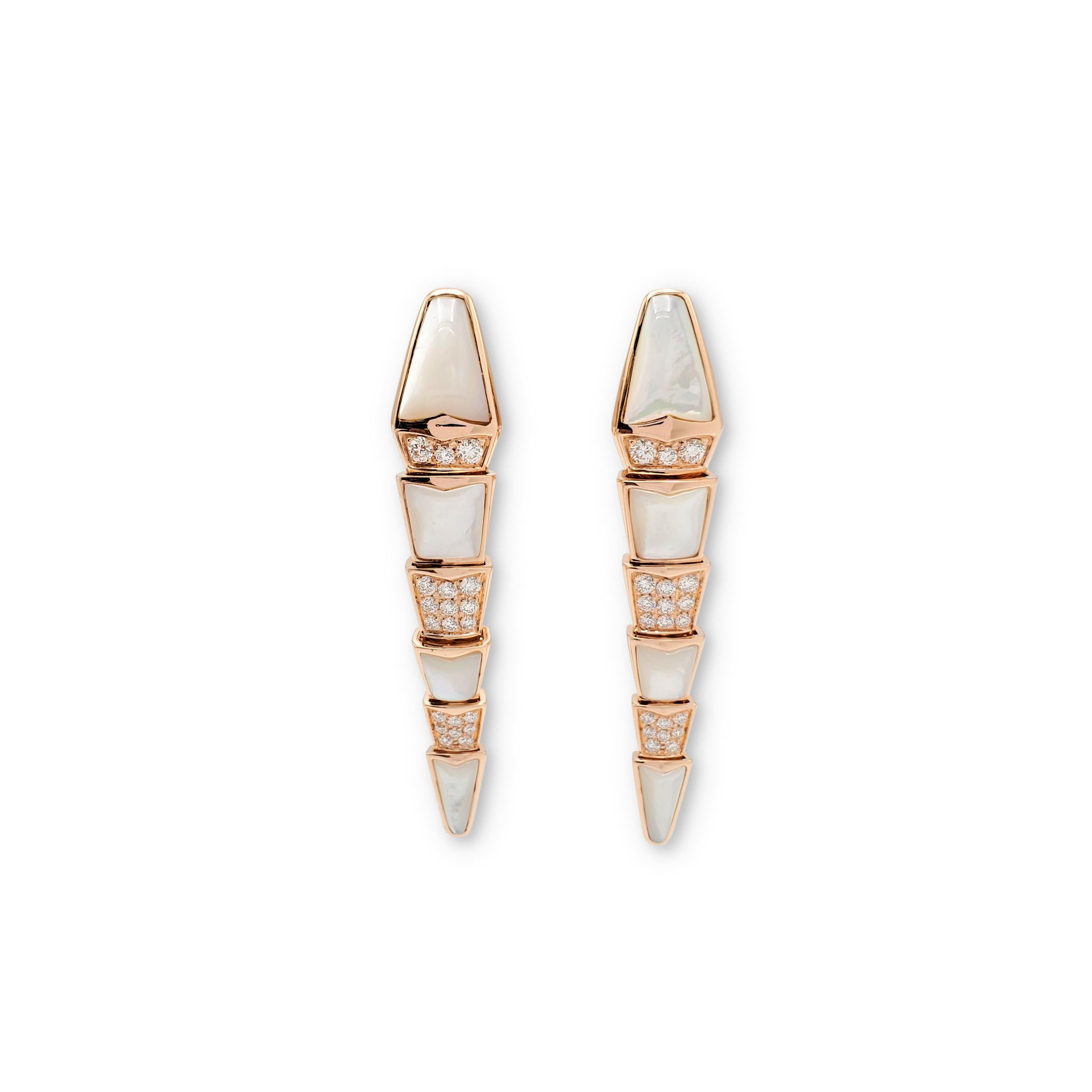 Authentic Bvlgari 'Serpenti' earrings crafted in 18 karat rose gold feature stacked geometric diamond and mother-of-pearl links resembling a snake's scales. The earrings are set with an estimated 0.85 carats total weight (E-F color, VS clarity). The