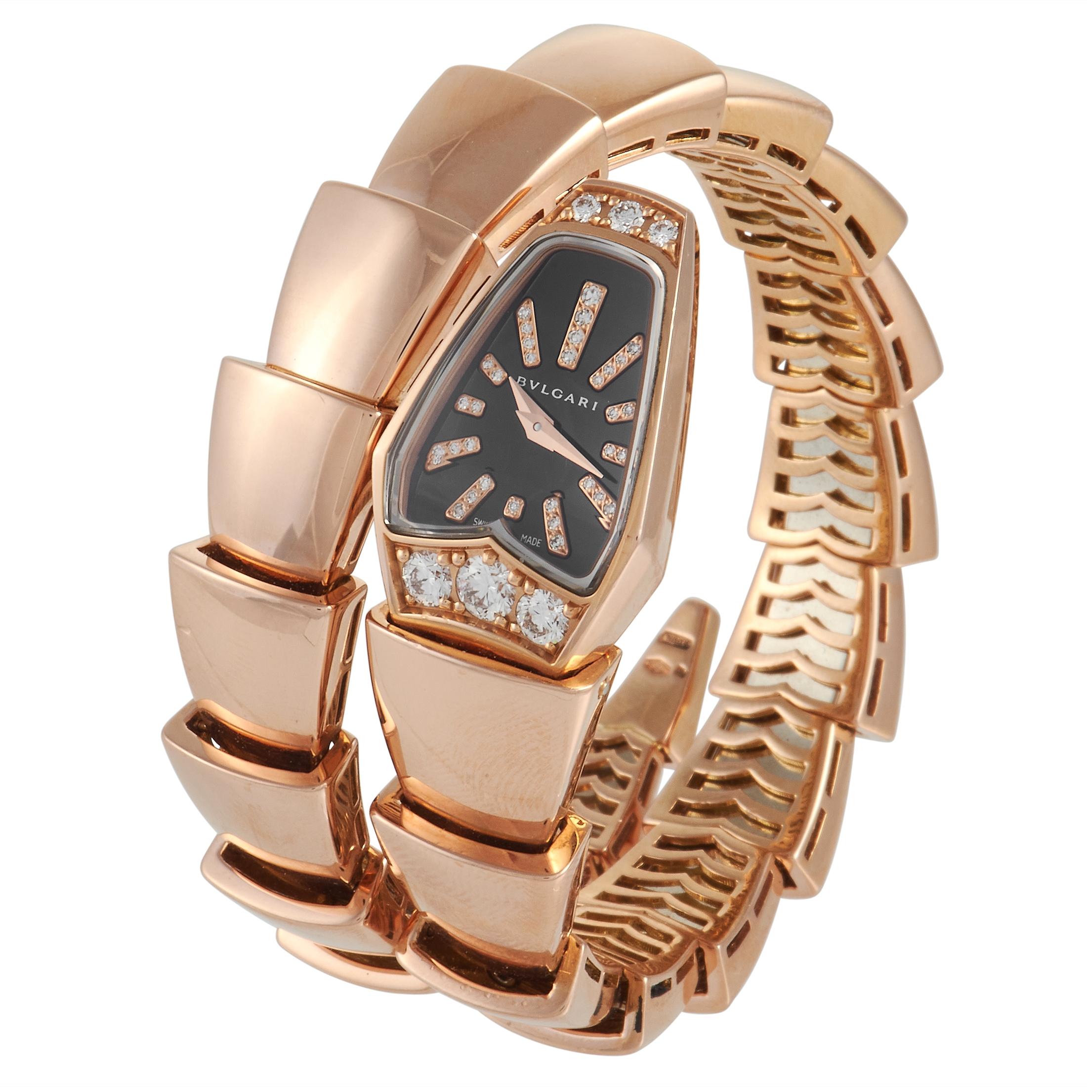 With a hypnotic design, this ladies' timepiece works double duty as a timekeeper and a sensual piece of jewelry. It features a 26mm case in 18K rose gold in the shape of a serpent's head. The dial is in black with diamond-lined indexes. Protecting