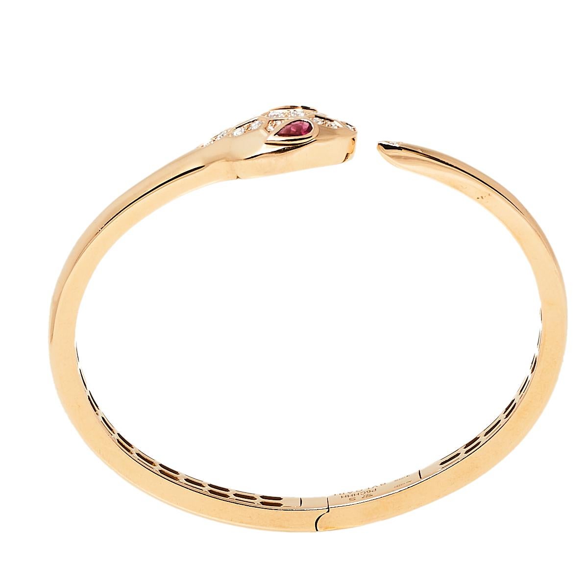 Bvlgari Serpenti Rubelite Diamond 18K Rose Gold Open Cuff Bracelet S In Good Condition In Dubai, Al Qouz 2