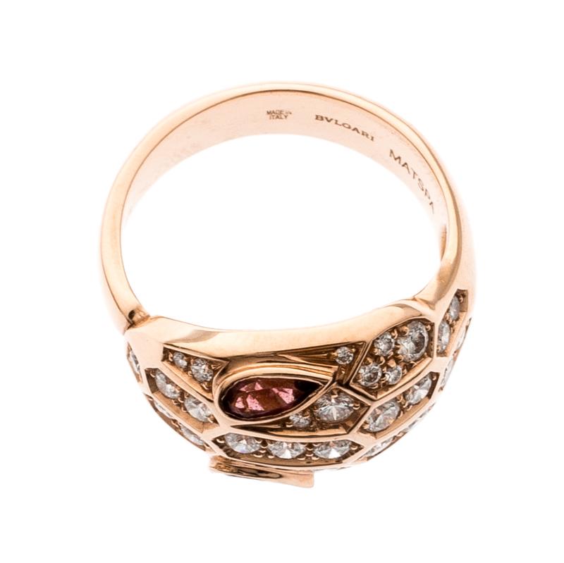 Bvlgari Serpenti Rubellite Diamond 18k Rose Gold Cocktail Ring Size 52 In Good Condition In Dubai, Al Qouz 2