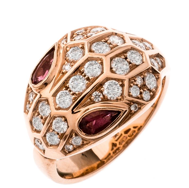 Women's Bvlgari Serpenti Rubellite Diamond 18k Rose Gold Cocktail Ring Size 52