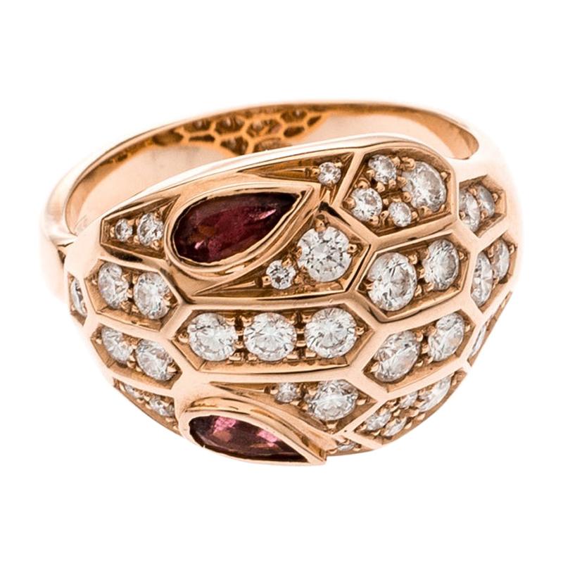 Bvlgari Serpenti Rubellite Diamond 18k Rose Gold Cocktail Ring Size 52