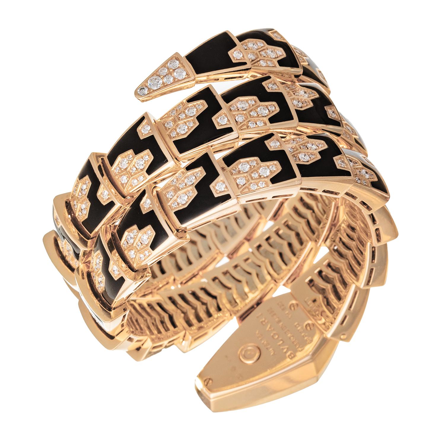 Brilliant Cut Bvlgari Serpenti Scagile Rose Gold Diamond Onyx Bracelet Watch