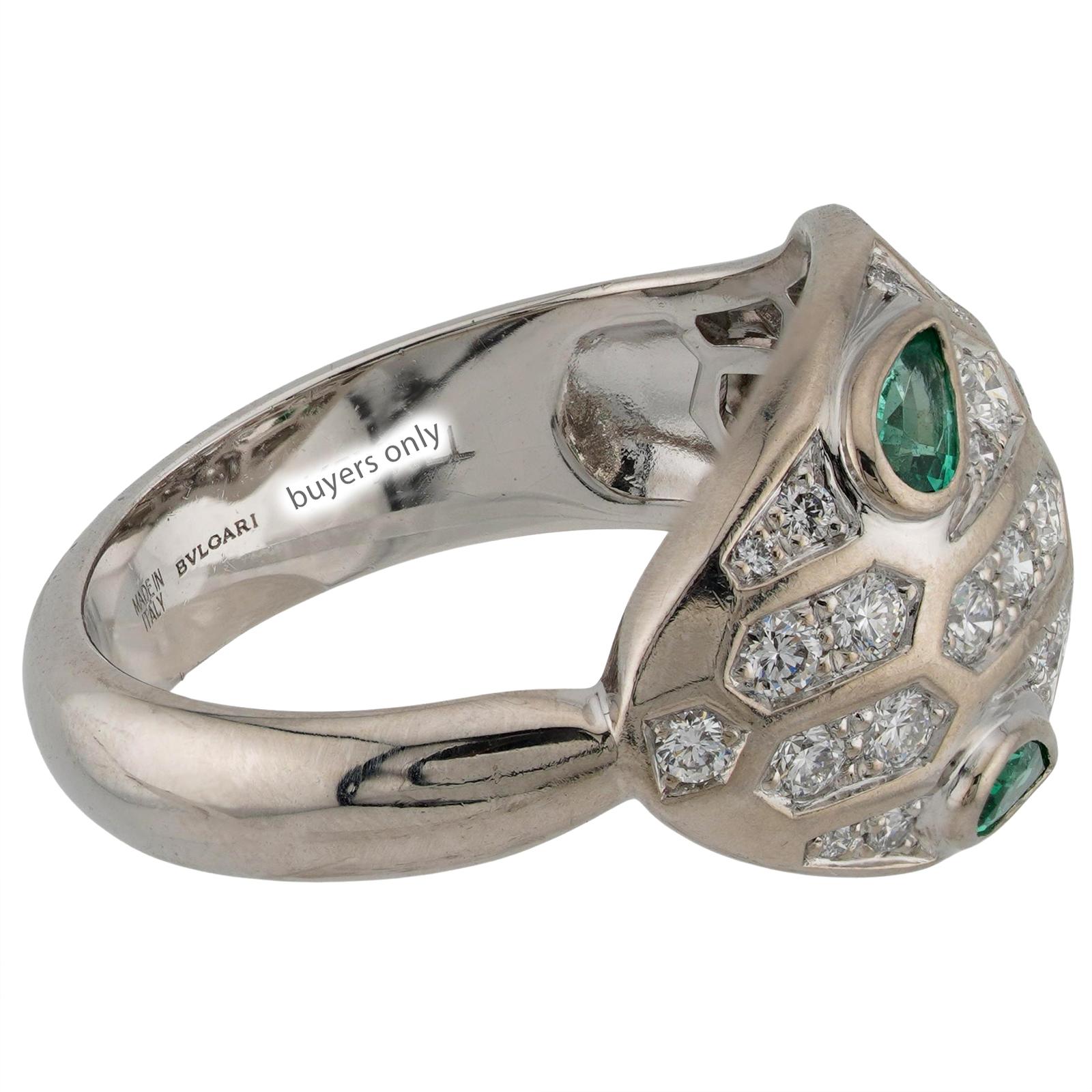 Brilliant Cut BVLGARI Serpenti Seduttori Diamond Emerald 18k White Gold Ring For Sale