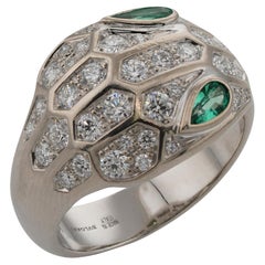 Vintage BVLGARI Serpenti Seduttori Diamond Emerald 18k White Gold Ring