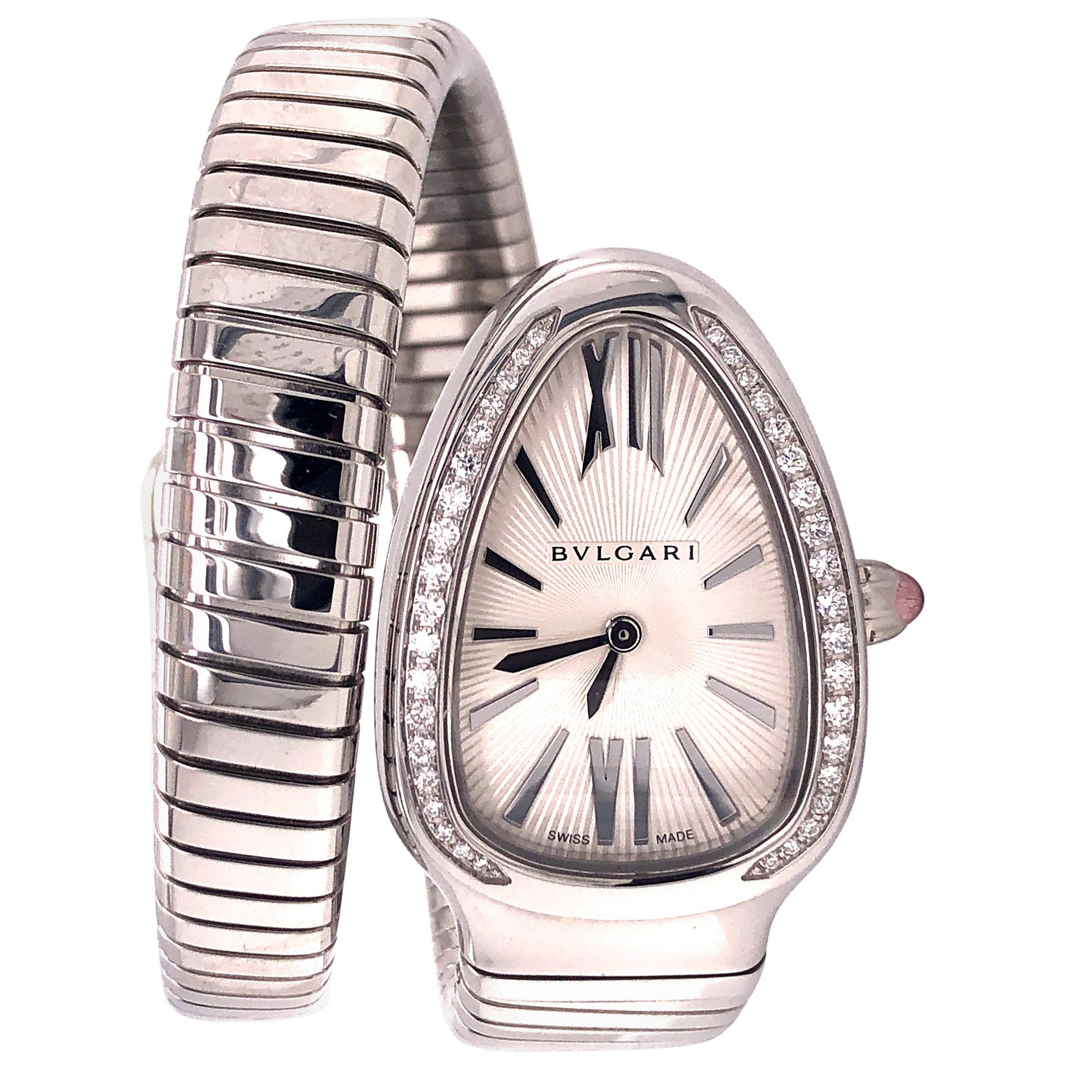                               Bvlgari Serpenti Silver Dial Diamond Bezel Ladies Watch 101827 NEW

Gorgeous ladies watch that is 100% brand new, with new stickers, complete with box tags and paper work.  Bid confidently in this amazing 100% authentic