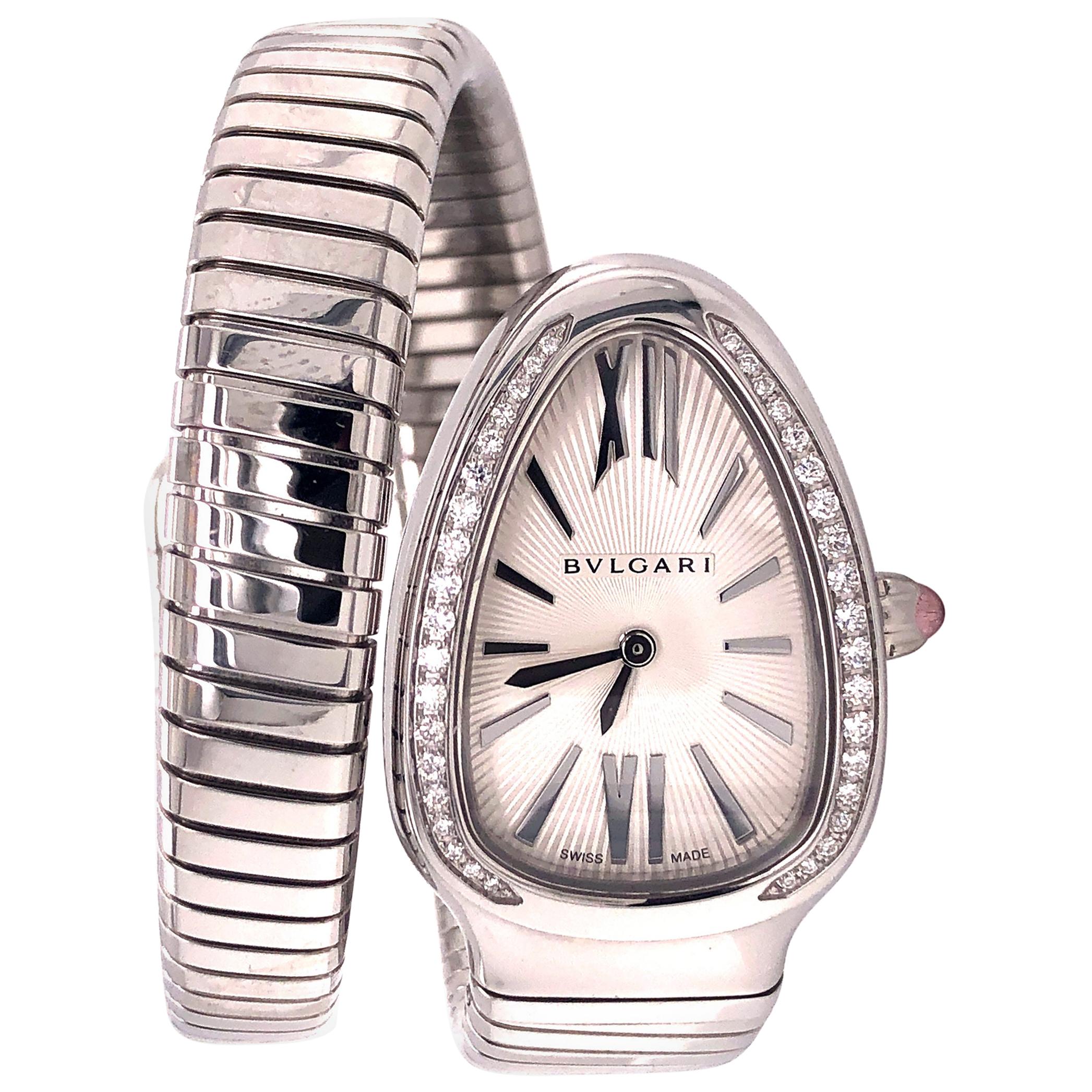 Bvlgari Serpenti Silver Dial Diamond Bezel Ladies Watch