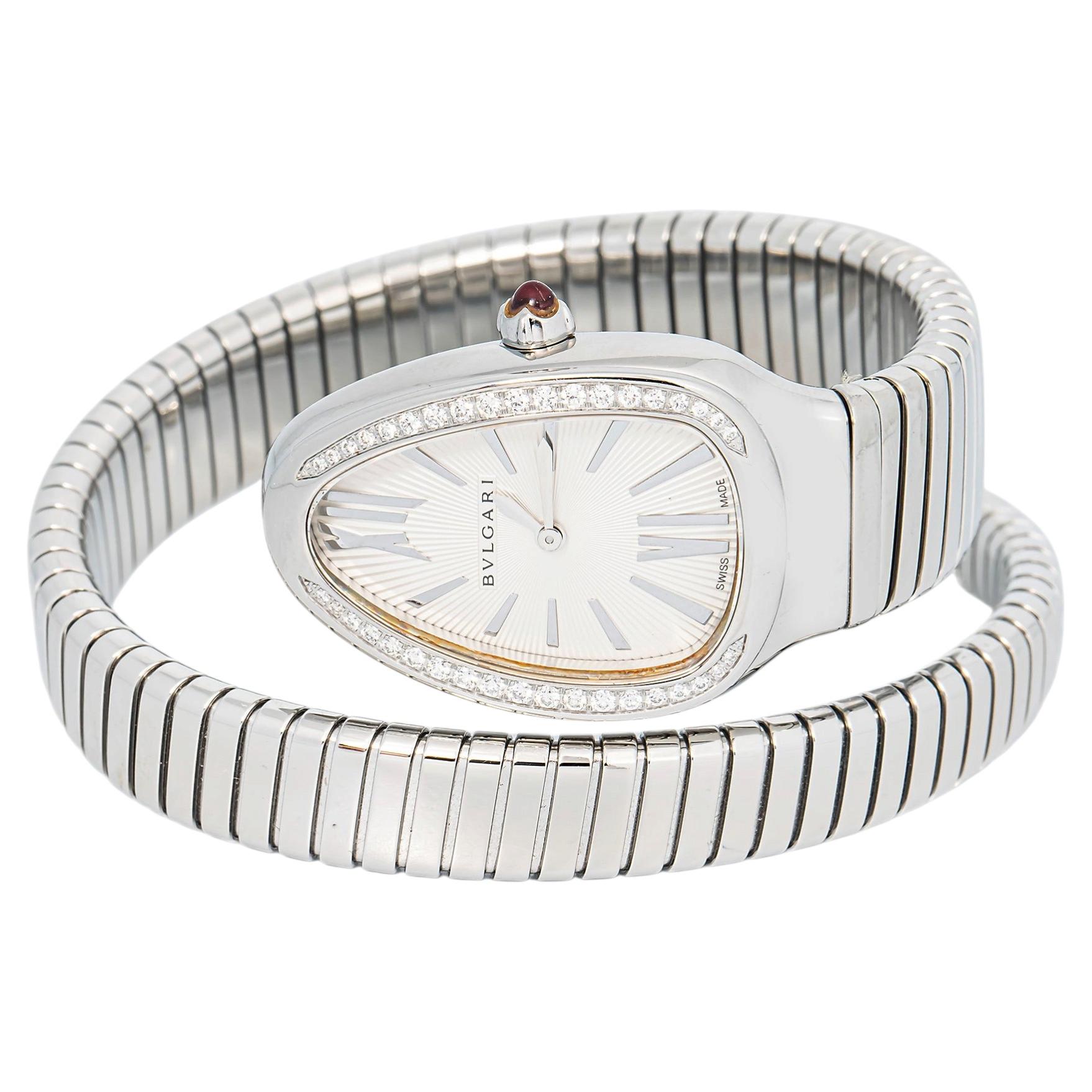 Reloj de mujer Bvlgari Serpenti SP35S, acero inoxidable, cuarzo, bisel con diamantes y esfera blanca, 25 mm en venta