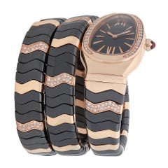 Bvlgari Serpenti Spiga 18K Gold Ceramic Diamonds Black Dial Ladies Watch SPP35G